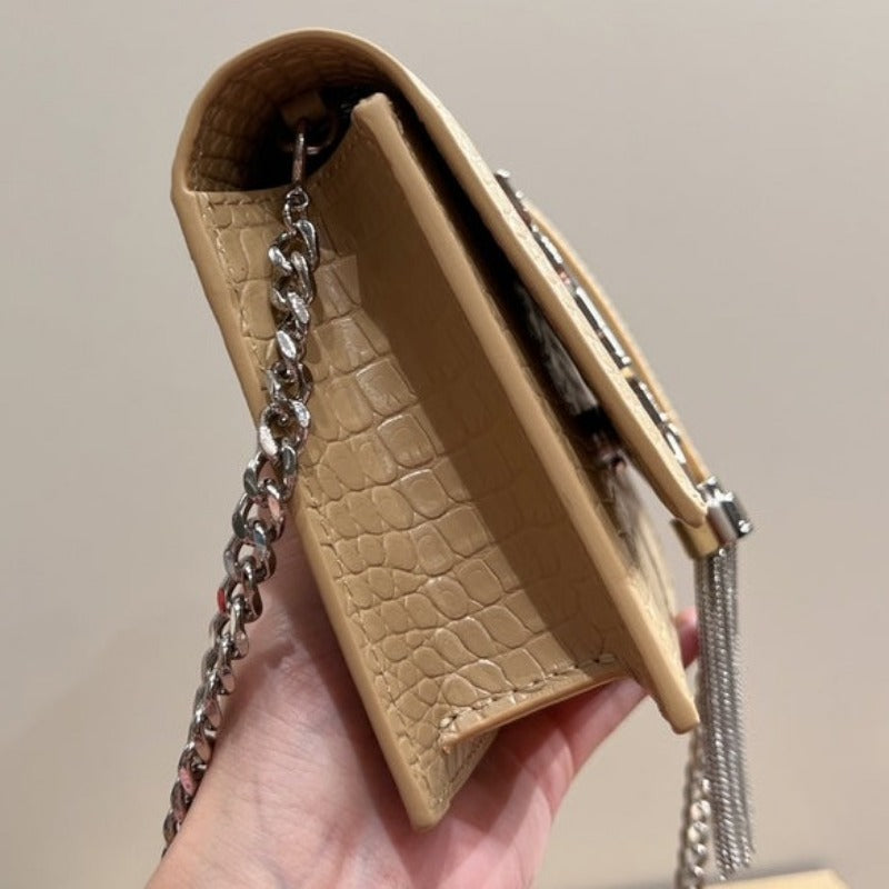 Small Kate Tassel Bag With Chain Croc Beige