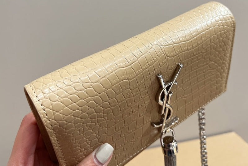 Small Kate Tassel Bag With Chain Croc Beige