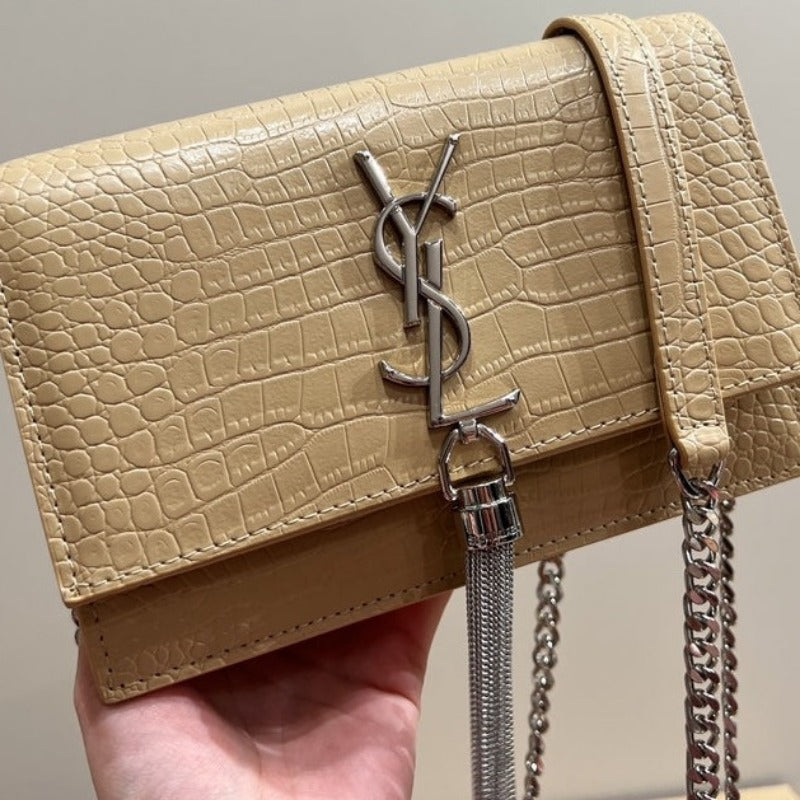 Small Kate Tassel Bag With Chain Croc Beige