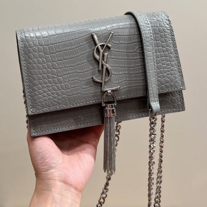 Small Kate Tassel Bag With Chain Croc Grey