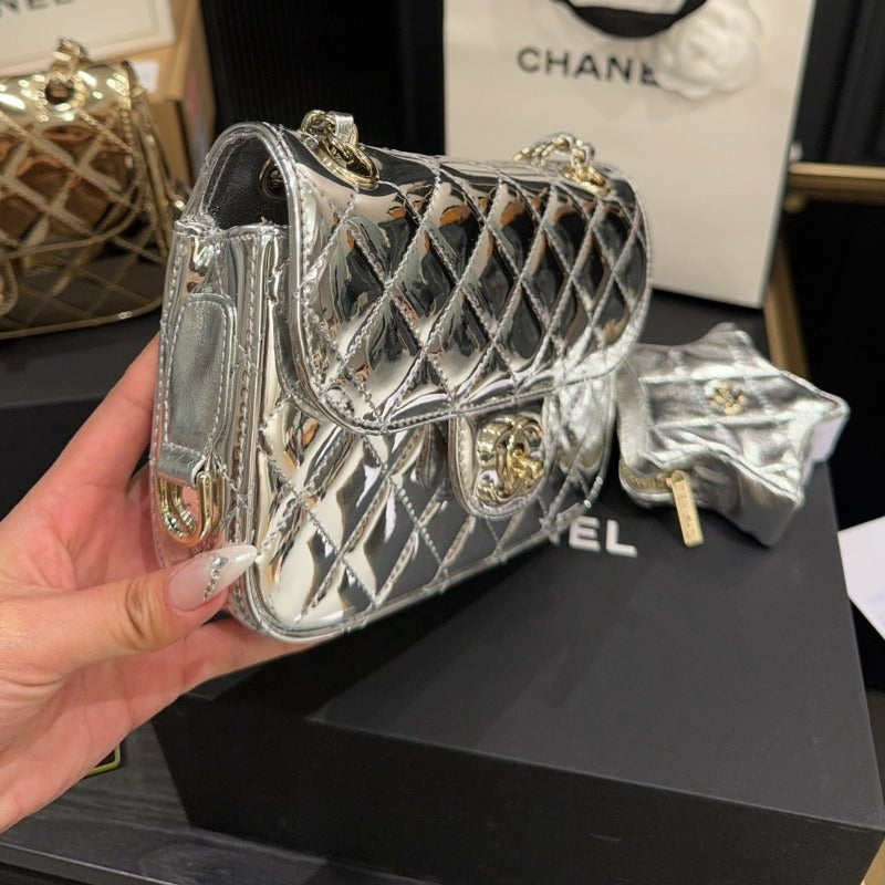 Metallic Mini Square Flap Bag Silver New