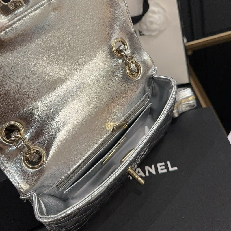 Metallic Mini Square Flap Bag Silver New