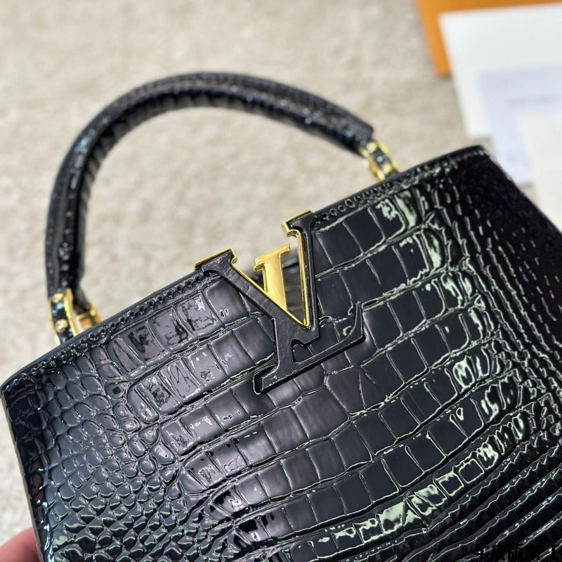 Capucines  Handbag Black Croc New