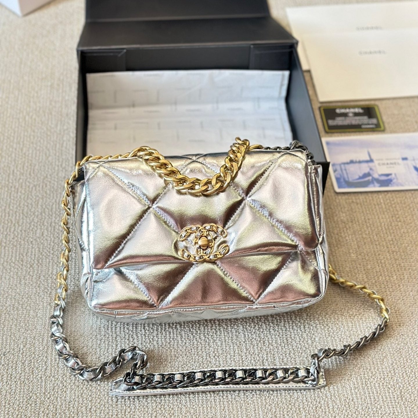 Flap Bag 19 Silver Metallic New