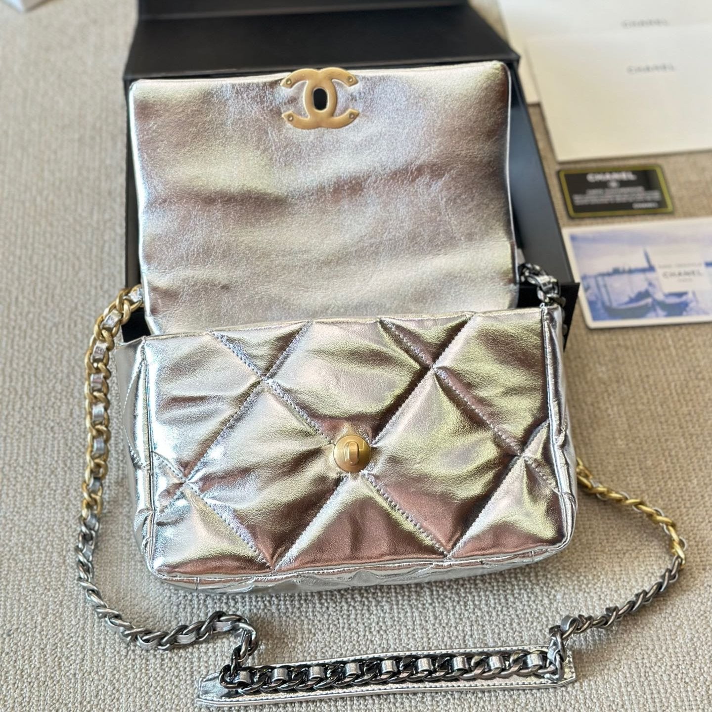 Flap Bag 19 Silver Metallic New