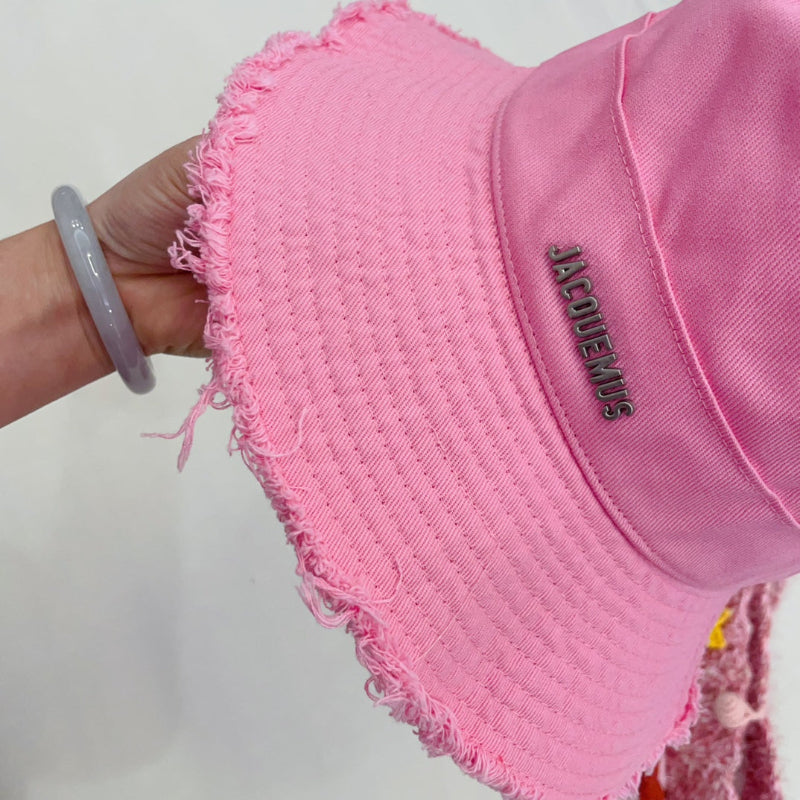 Raw Edge Drawstring Bucket Hat Pink