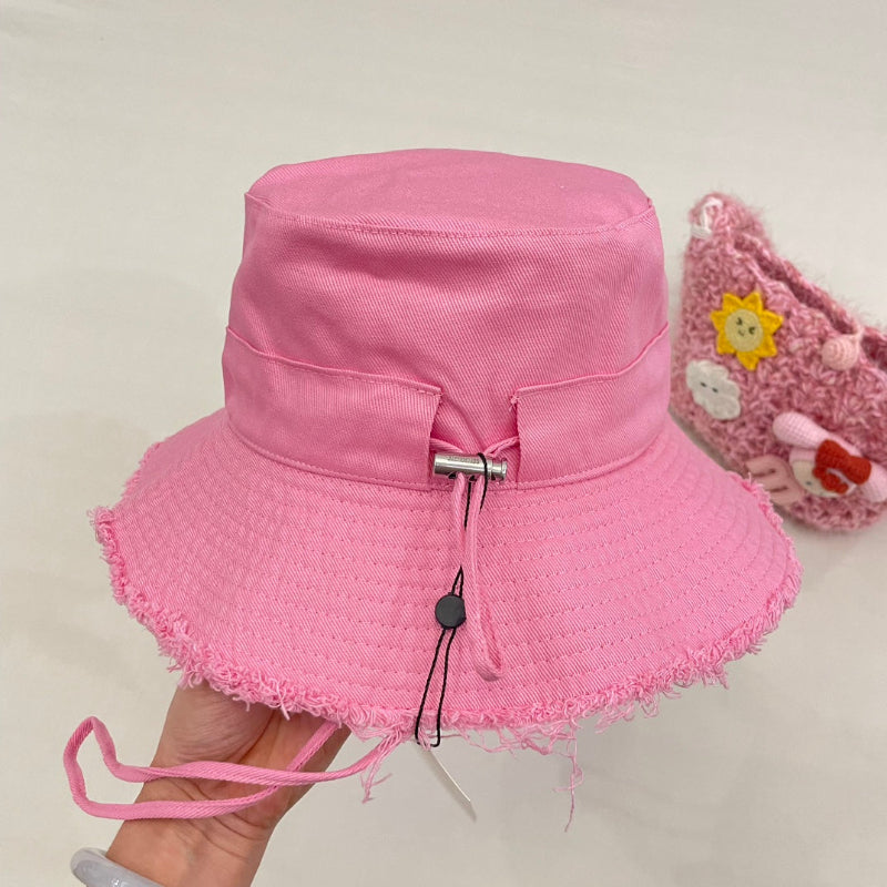 Raw Edge Drawstring Bucket Hat Pink