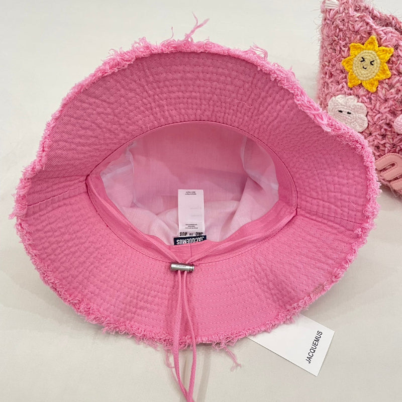 Raw Edge Drawstring Bucket Hat Pink