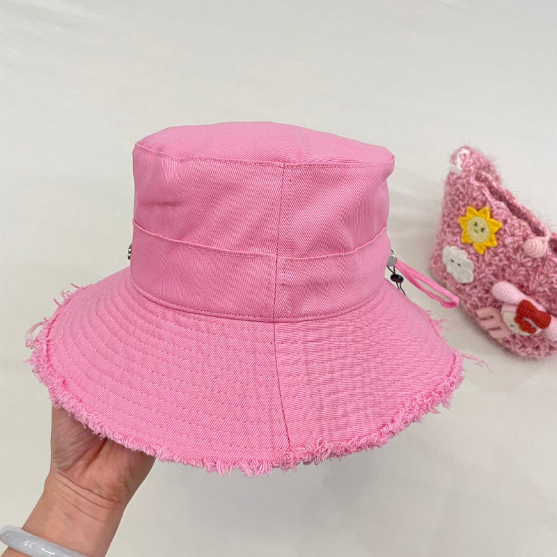 Raw Edge Drawstring Bucket Hat Pink